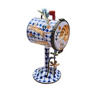 Kelvin Chen Stamp Mailbox Figurine Blue Cat Lover Enamel Copper Miniature